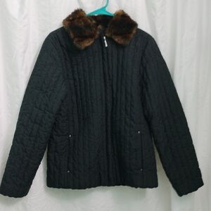 LAUREN Ralph Lauren Black Quilted Jacket with Faux Fur Collar